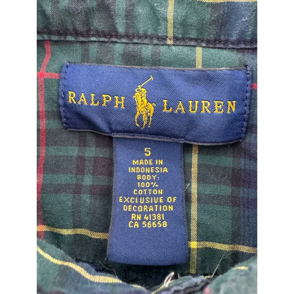 Ralph Lauren Boys Green Blue Tartan Plaid Cotton Button Down Shirt Size 5